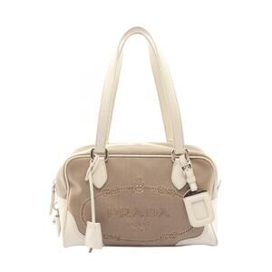 Prada LOGO JACQUARD Handbag Canvas Leather Beige White